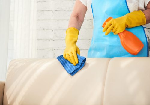 Close-up image of housewife using detergent to clean leather sofa
